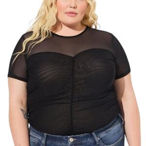 Stretch Mesh Crew Neck Ruched Top